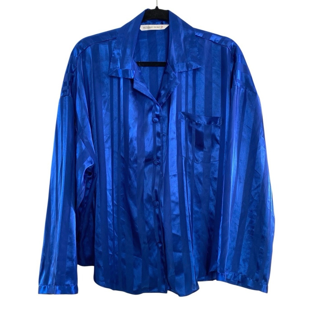 Vintage Victorias Secret Women's Royal Blue Stripe Silk Feel Button Pajama Top L